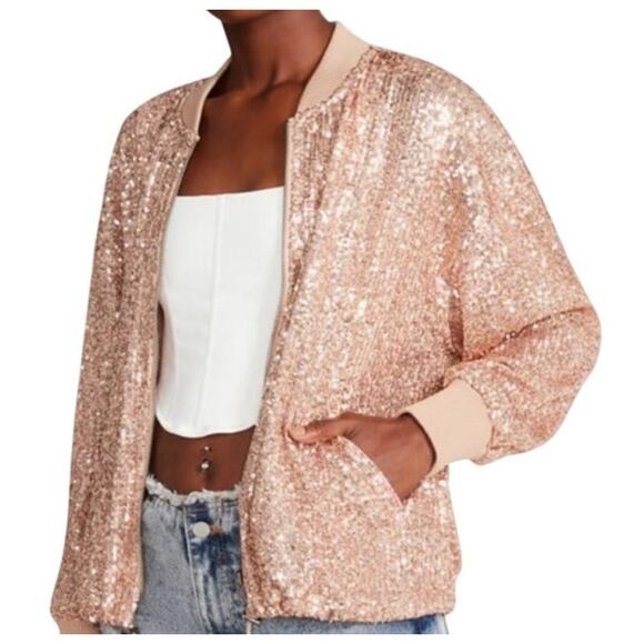 Steve Madden Jackets & Blazers - Steve Madden Women's XLarge Rose Gold Sequin Long Sleeve Bomber Zip Jacket